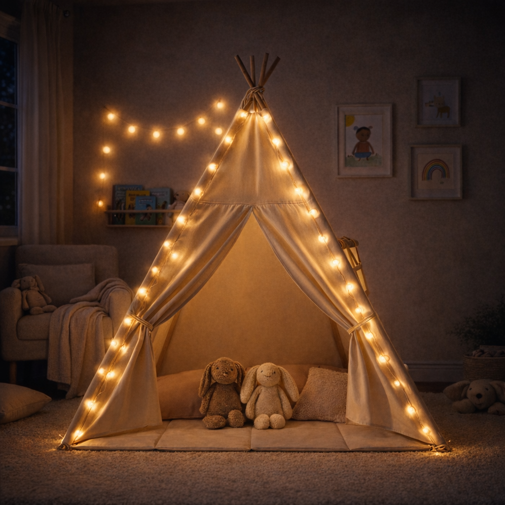 Tipi enfant avec tapis et guirlandes - Nouvelle version