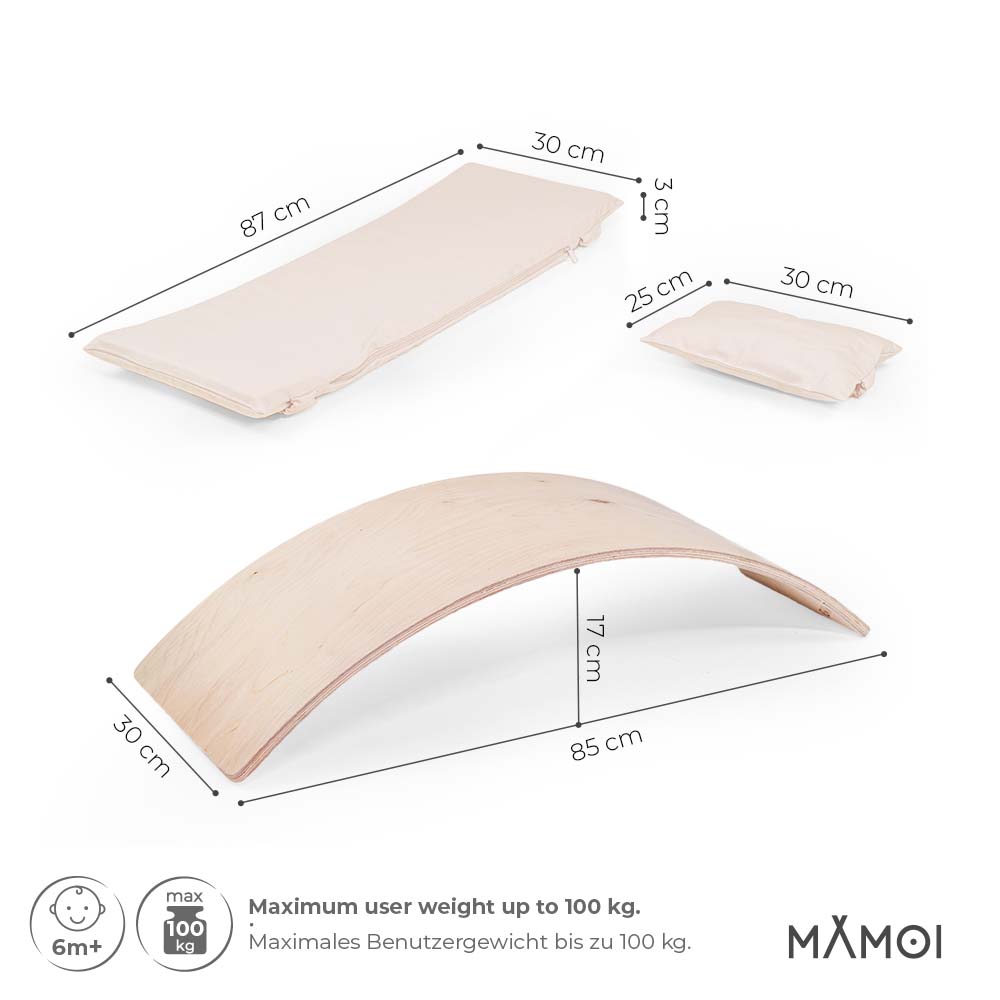 Planche d’équilibre + coussins pour enfants dès 6 mois en bois naturel