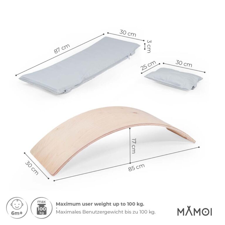 Planche d’équilibre + coussins pour enfants dès 6 mois en bois naturel