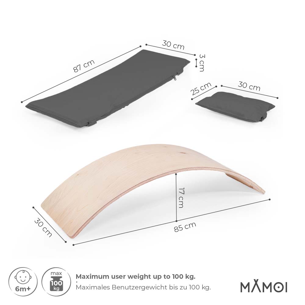 Planche d’équilibre + coussins pour enfants dès 6 mois en bois naturel