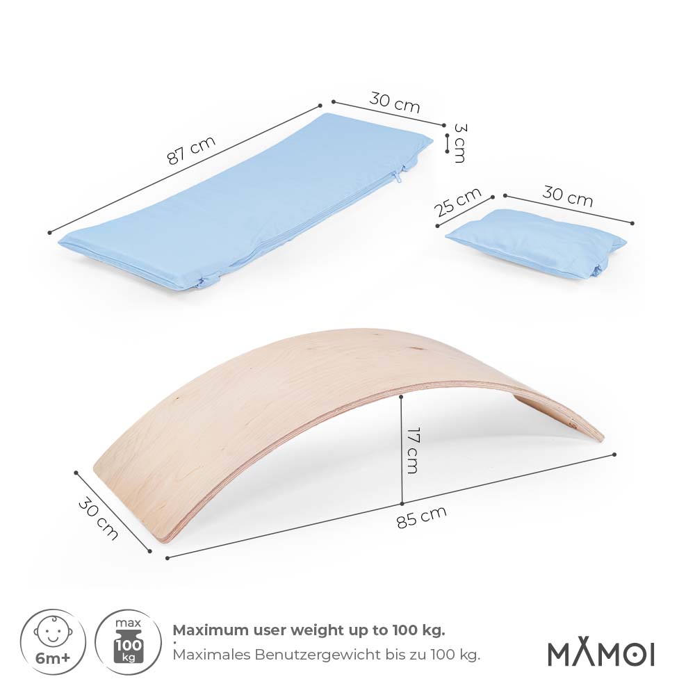 Planche d’équilibre + coussins pour enfants dès 6 mois en bois naturel