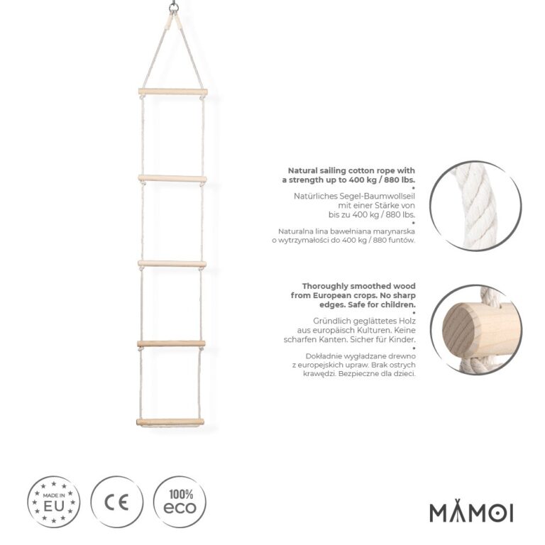 Échelle d’escalade en bois & corde de coton 5 échelons pour enfant