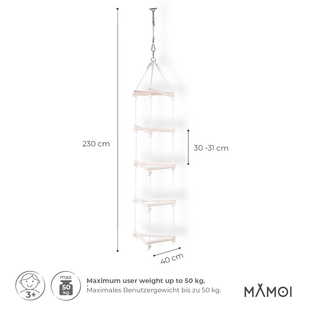 Échelle suspendue triangulaire MAMOI en bois naturel & corde coton – 3+ ans, jusqu’à 50 kg
