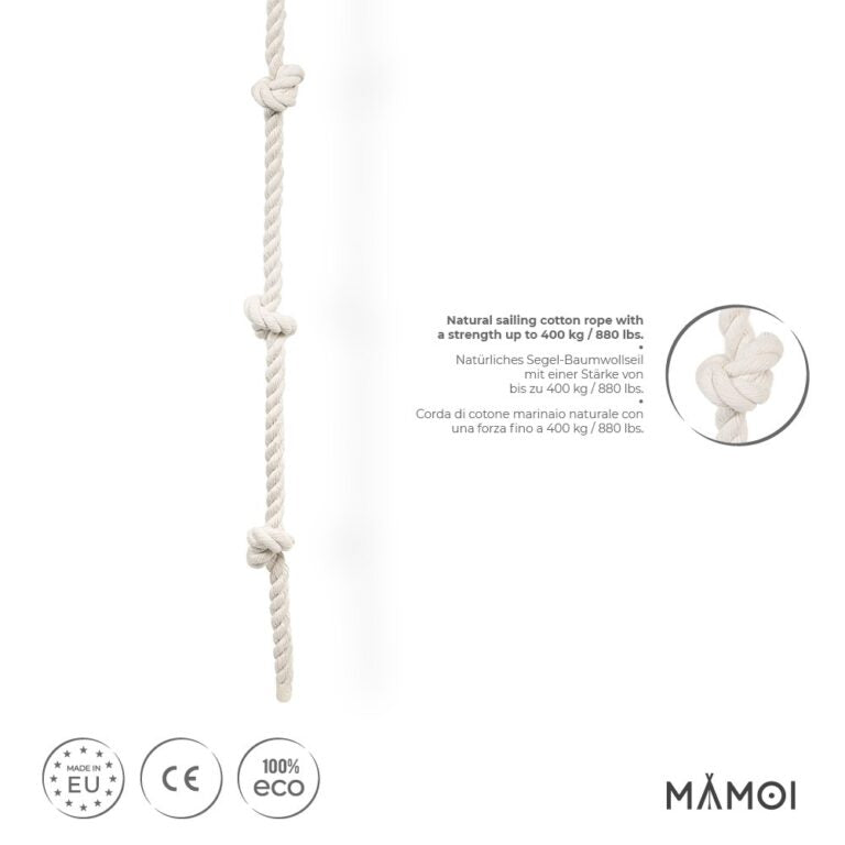 Corde d’escalade enfant MAMOI – 245 cm coton 100 % éco, sans métal, charge 50 kg