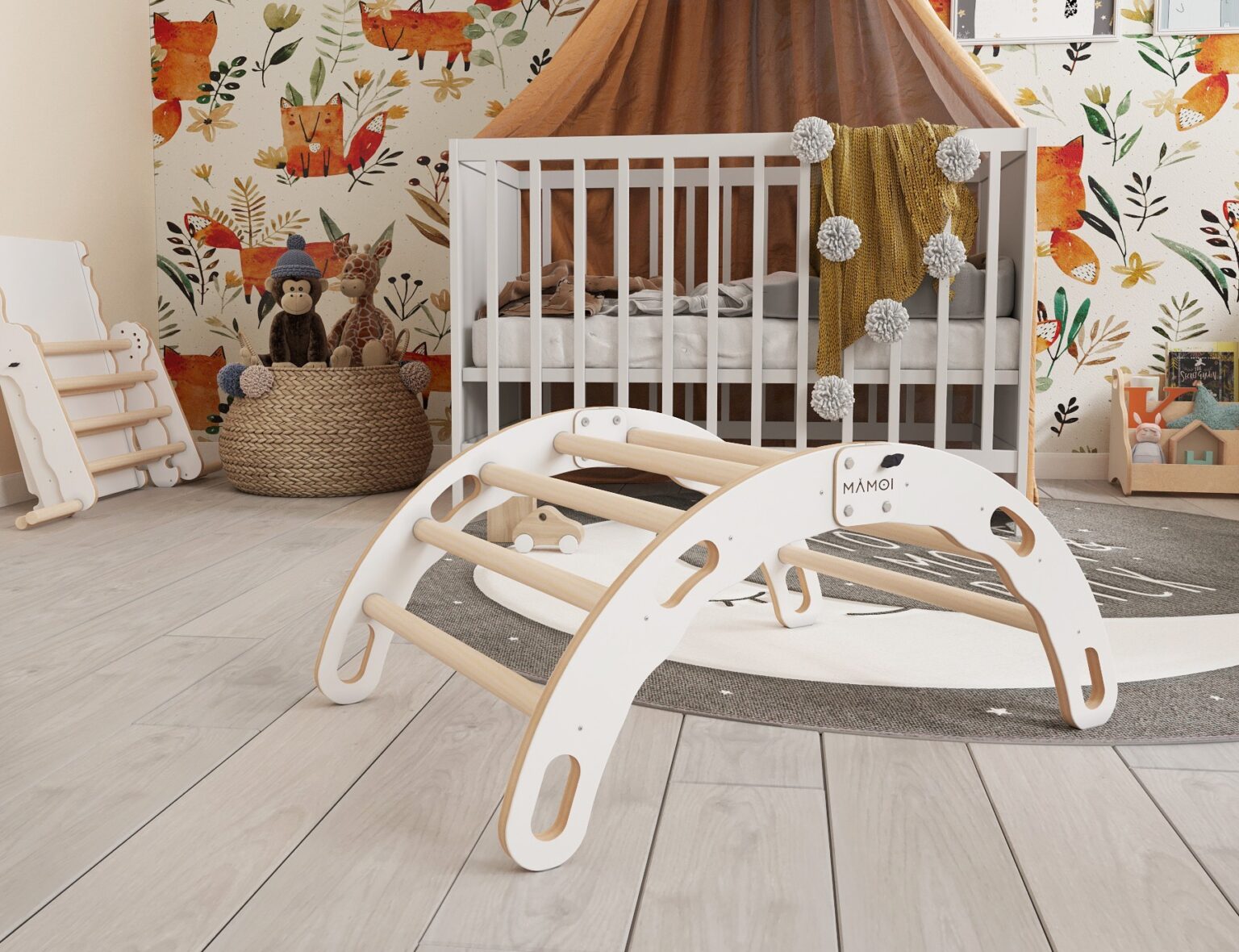 Bascule Montessori 2-en-1 MAMOI – Arche de Pikler & bascule en bois pliable