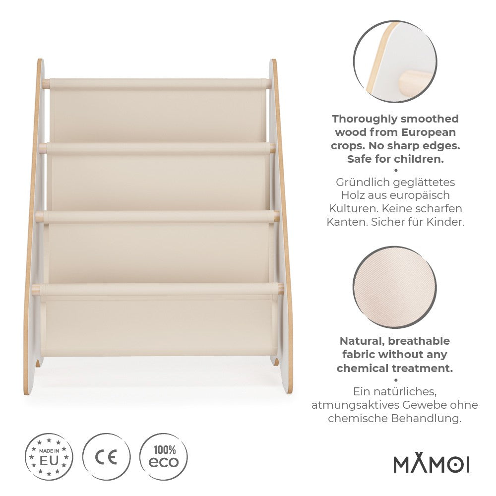 Bibliothèque enfant MAMOI en bois blanc & tissu – 52×25×63 cm