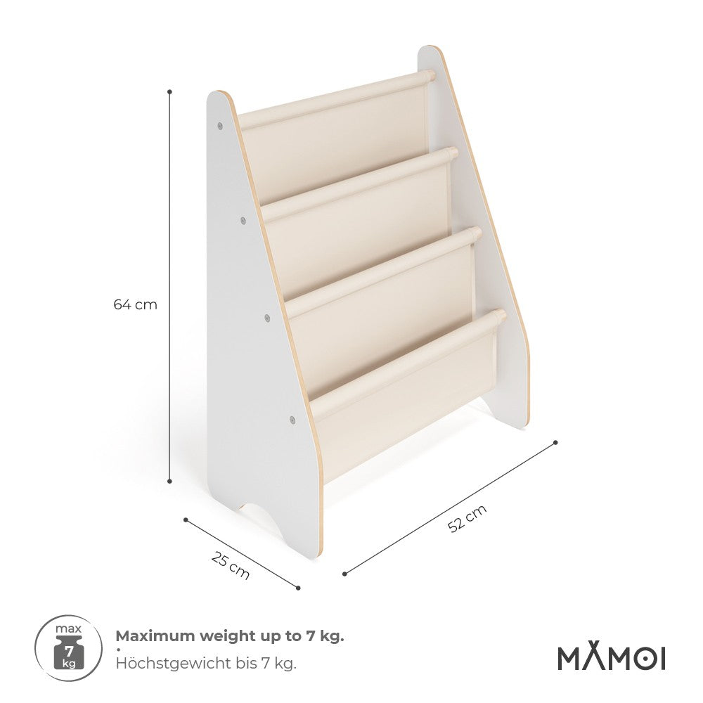 Bibliothèque enfant MAMOI en bois blanc & tissu – 52×25×63 cm