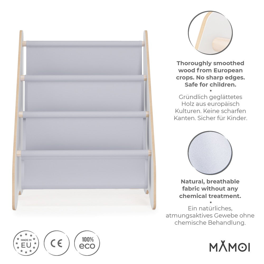 Bibliothèque enfant MAMOI en bois blanc & tissu – 52×25×63 cm