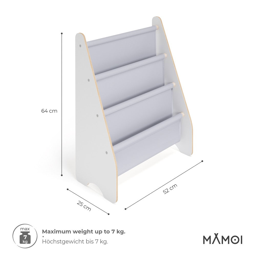 Bibliothèque enfant MAMOI en bois blanc & tissu – 52×25×63 cm
