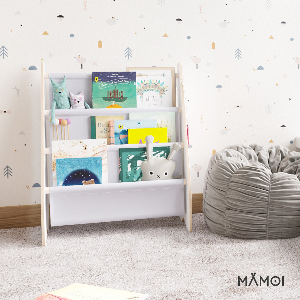 Bibliothèque enfant MAMOI en bois blanc & tissu – 52×25×63 cm