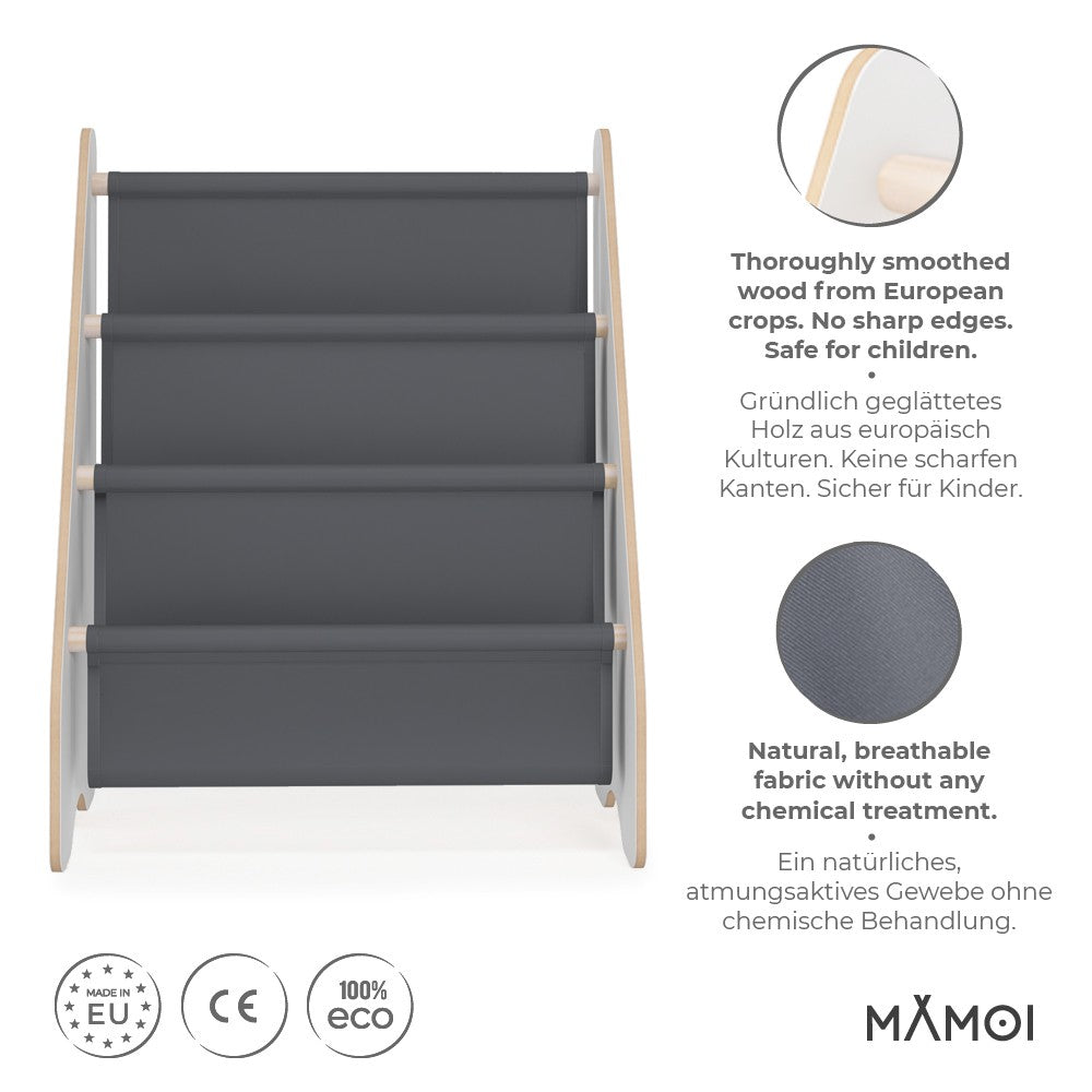 Bibliothèque enfant MAMOI en bois blanc & tissu – 52×25×63 cm