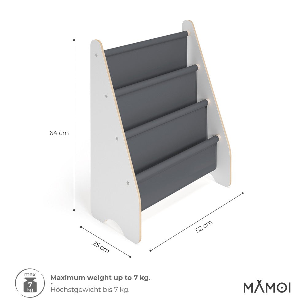 Bibliothèque enfant MAMOI en bois blanc & tissu – 52×25×63 cm