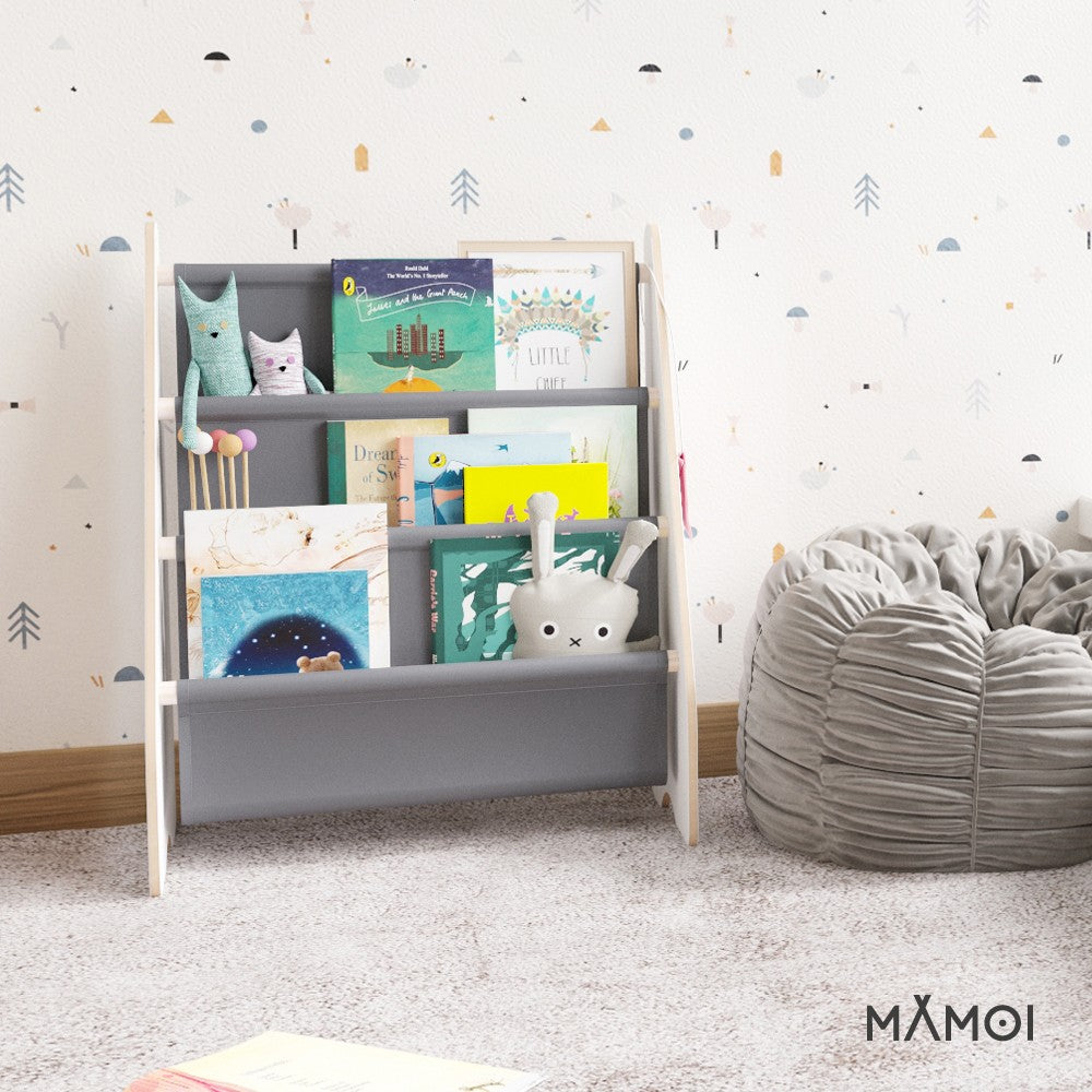 Bibliothèque enfant MAMOI en bois blanc & tissu – 52×25×63 cm