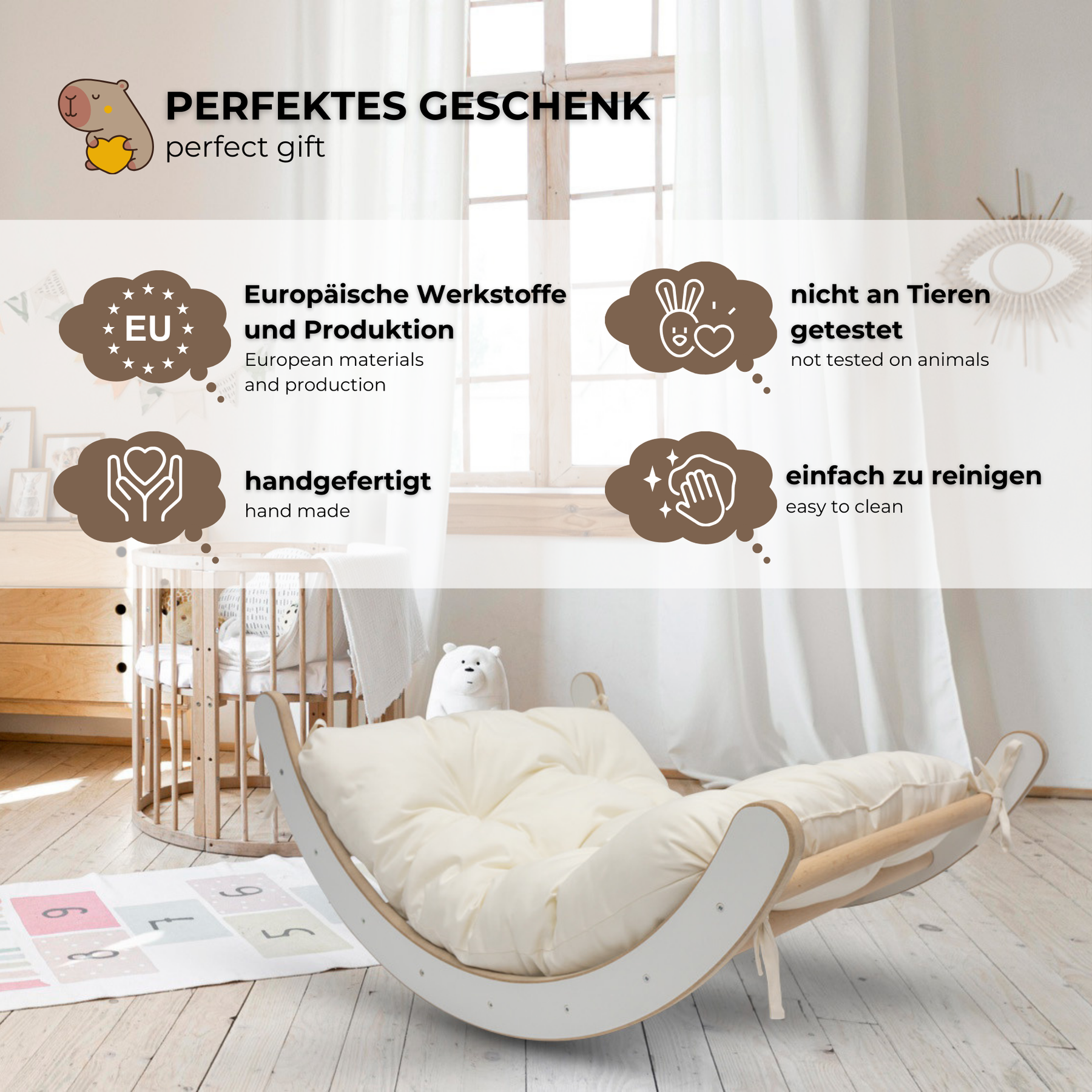 Ensemble 3-en-1 – Arche Montessori, Coussin & Toboggan en bois blanc Mamoi