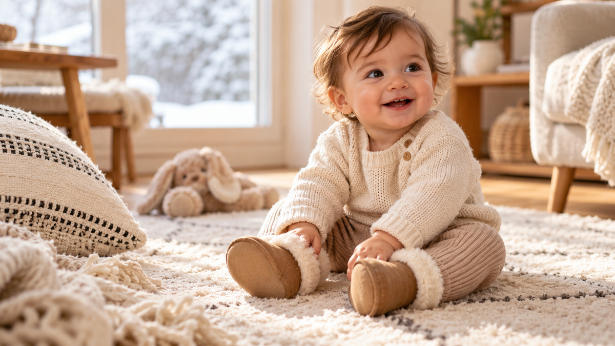 Bébé habillé pour l’hiver avec des chaussons fourrés confortables dans un intérieur chaleureux