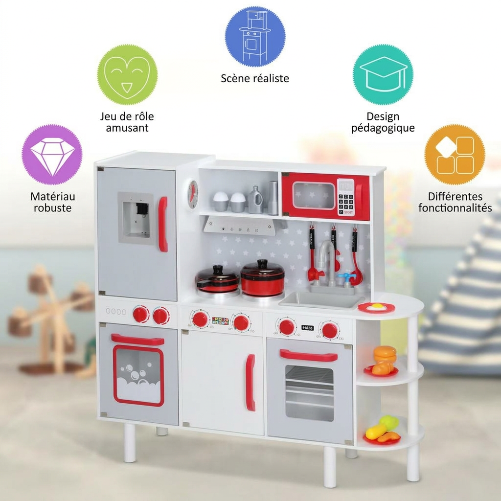 Cuisine pour enfants en bois 91 × 33 × 86/92 cm avec 38 accessoires