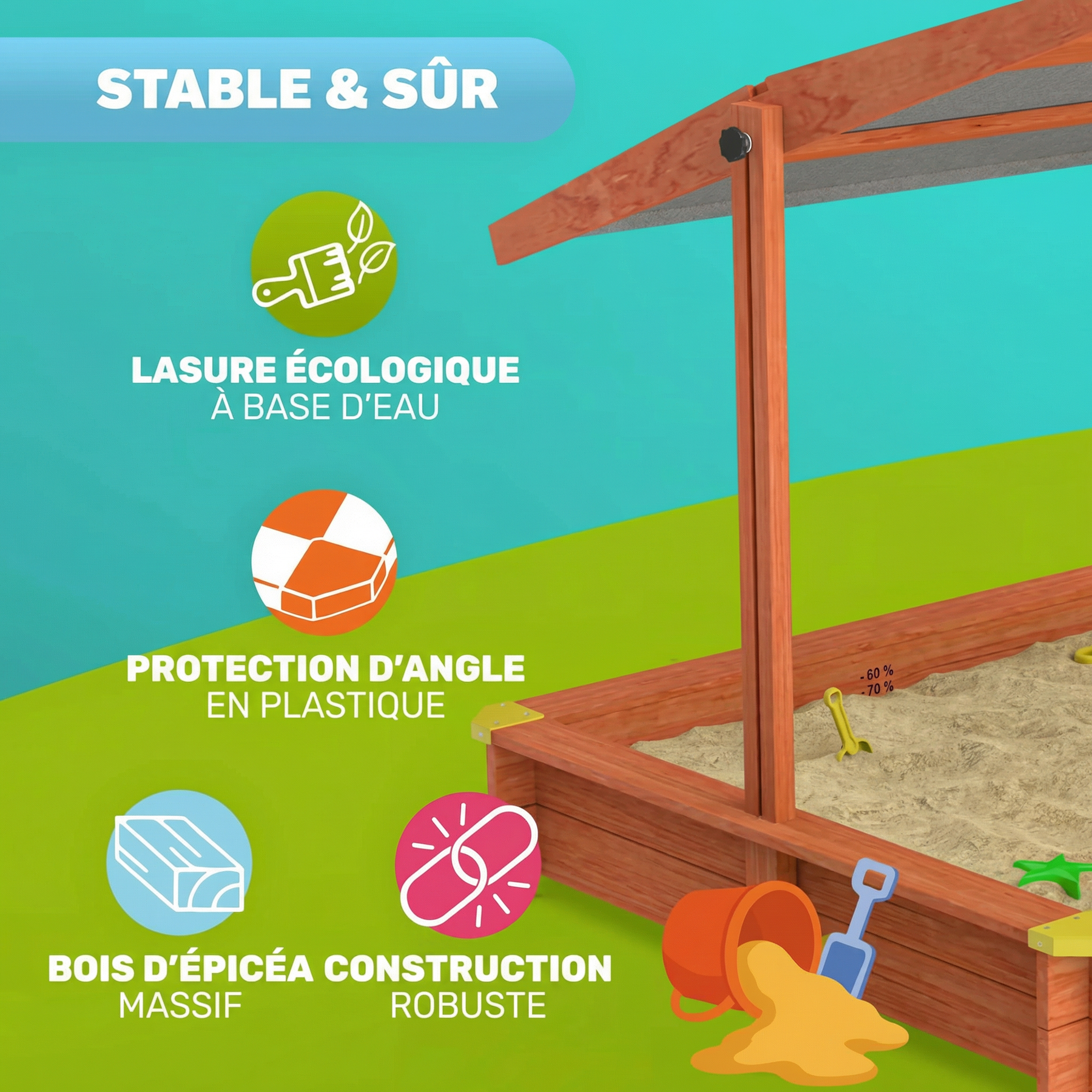Bac à sable Max 140x140 cm en bois avec toit UV50