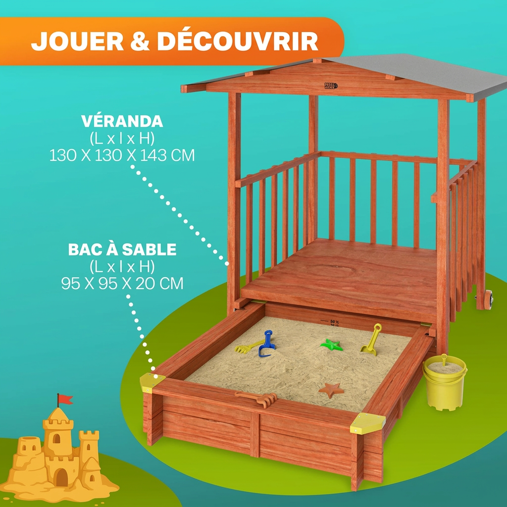 Bac à sable Merle 133x127 cm en bois avec toit UV50
