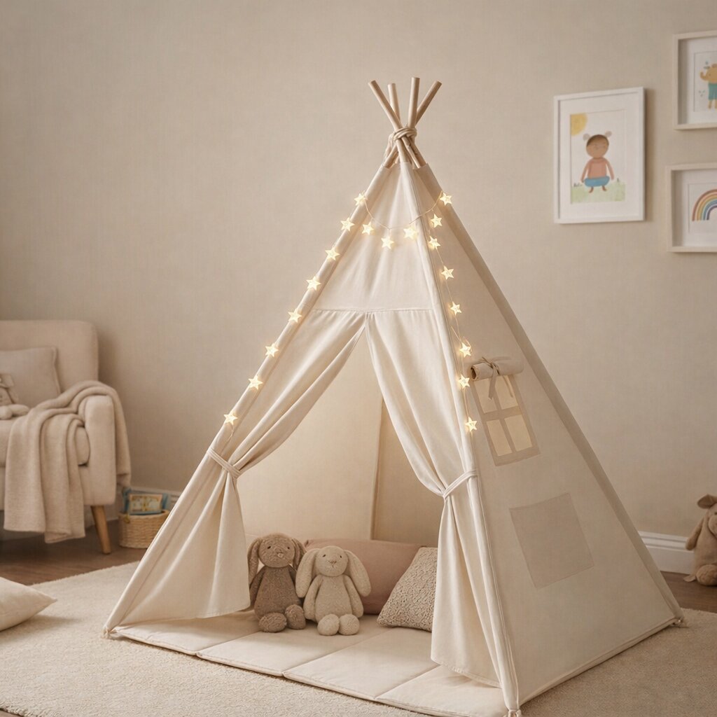 Tipi enfant avec tapis et guirlandes