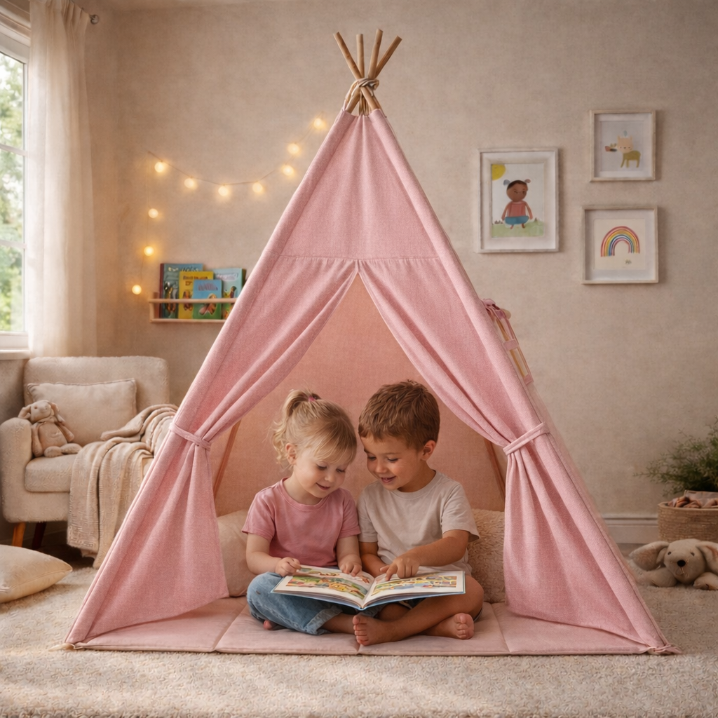 Tipi enfant avec tapis et guirlandes