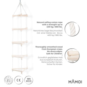 Échelle suspendue triangulaire MAMOI en bois naturel & corde coton – 3+ ans, jusqu’à 50 kg
