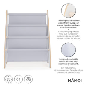 Bibliothèque enfant MAMOI en bois blanc & tissu – 52×25×63 cm