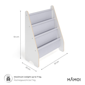 Bibliothèque enfant MAMOI en bois blanc & tissu – 52×25×63 cm