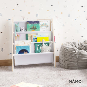 Bibliothèque enfant MAMOI en bois blanc & tissu – 52×25×63 cm