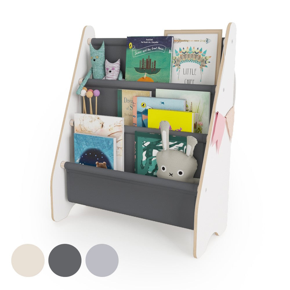 Bibliothèque enfant MAMOI en bois blanc & tissu – 52×25×63 cm