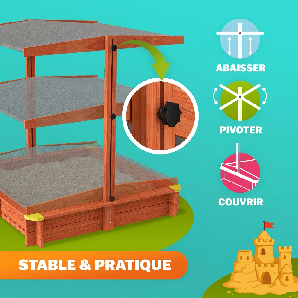 Bac à sable Sami 120x120 cm en bois avec toit UV50