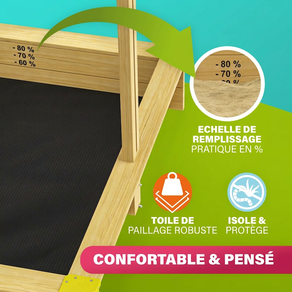 Bac à sable Samu 120x120 cm en bois avec toit UV50