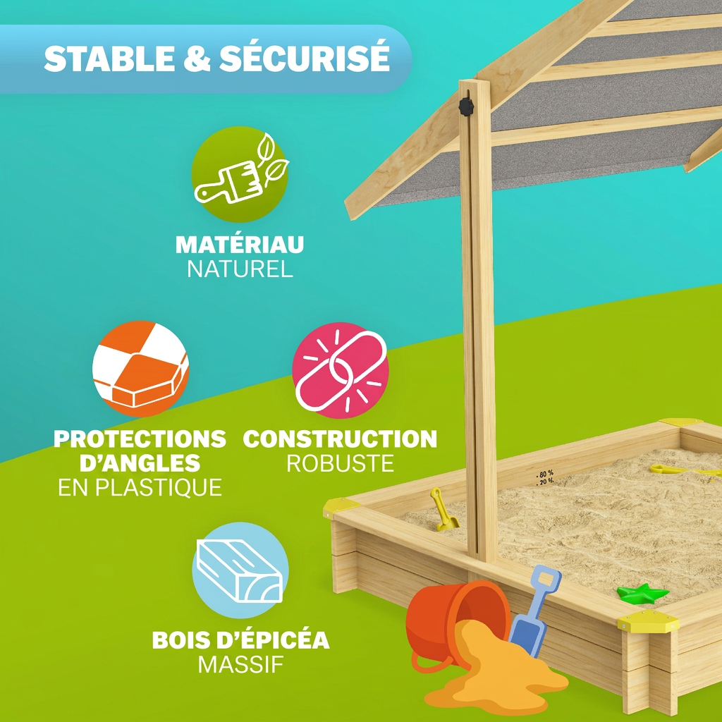 Bac à sable Samu 120x120 cm en bois avec toit UV50