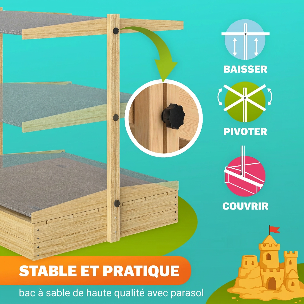Bac à sable Toni 120x120x120 cm avec bancs réglables