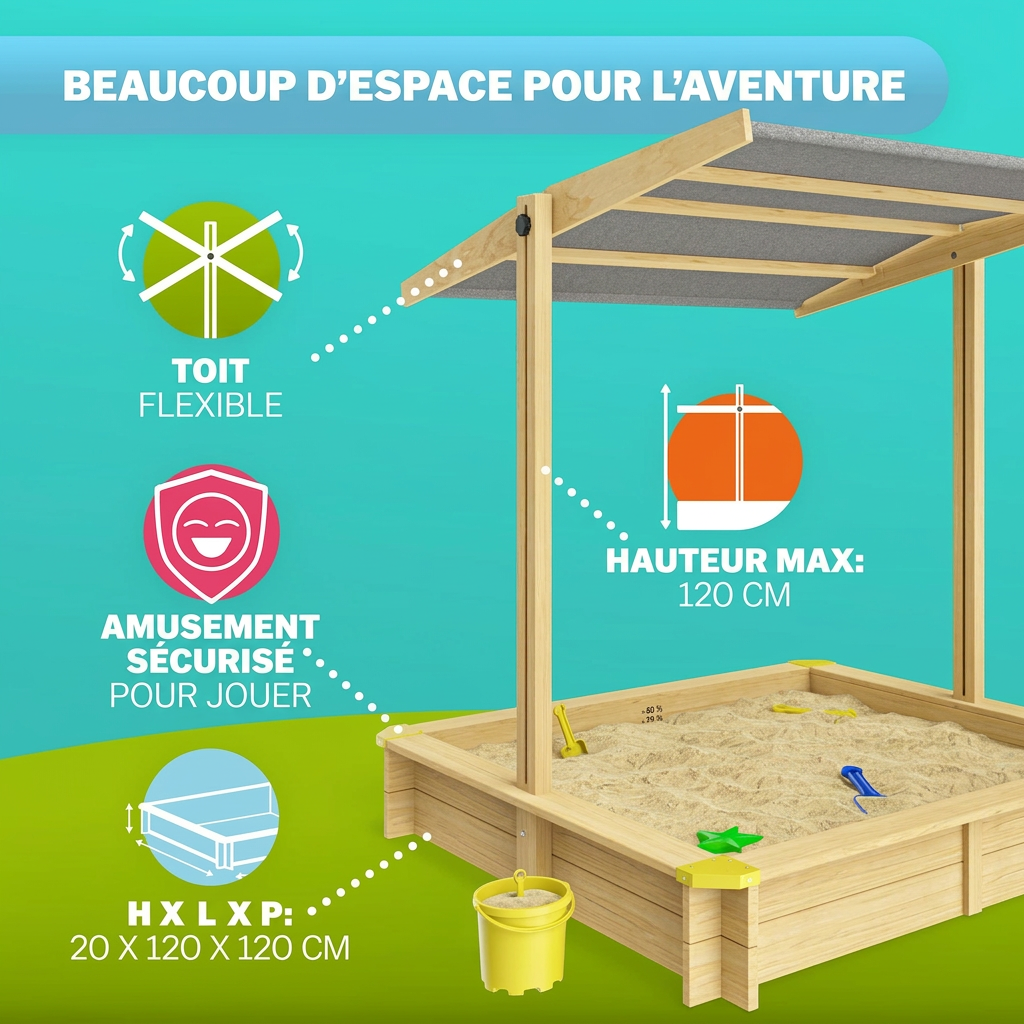 Bac à sable Samu 120x120 cm en bois avec toit UV50