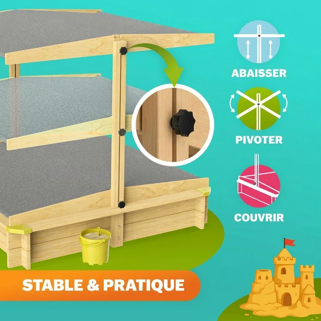 Bac à sable Fritzi 140x140x120 cm avec toit solaire