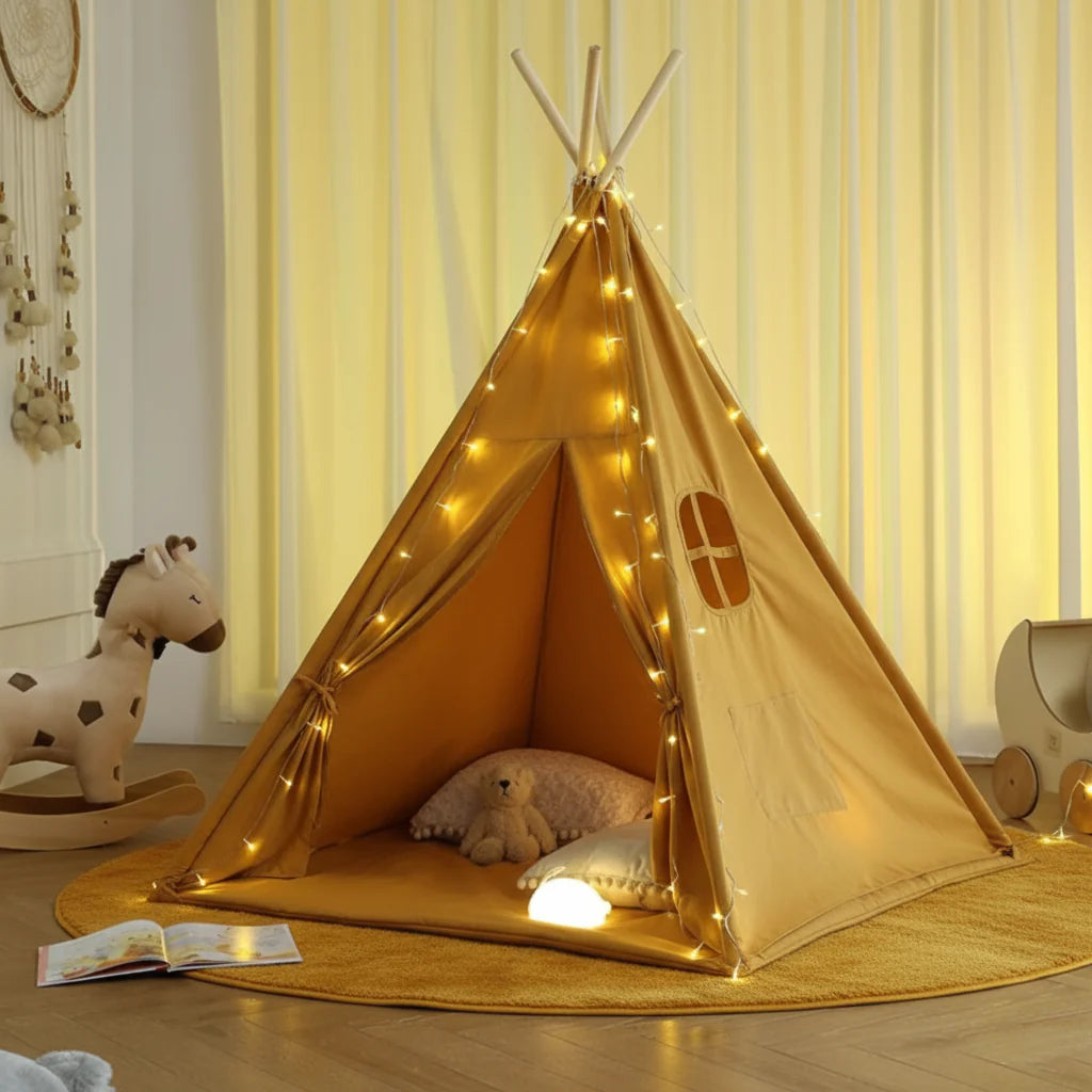 Tipi enfant avec tapis et guirlandes