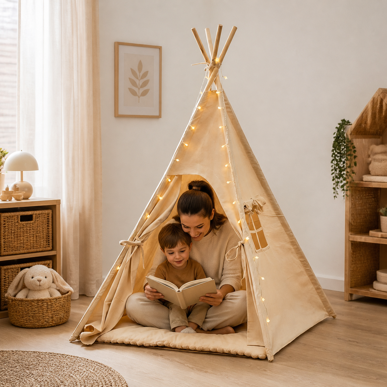 Tipi enfant avec tapis avec guirlandes
