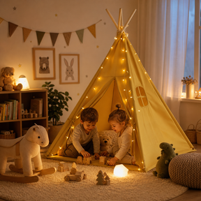 Tipi enfant avec tapis et guirlandes