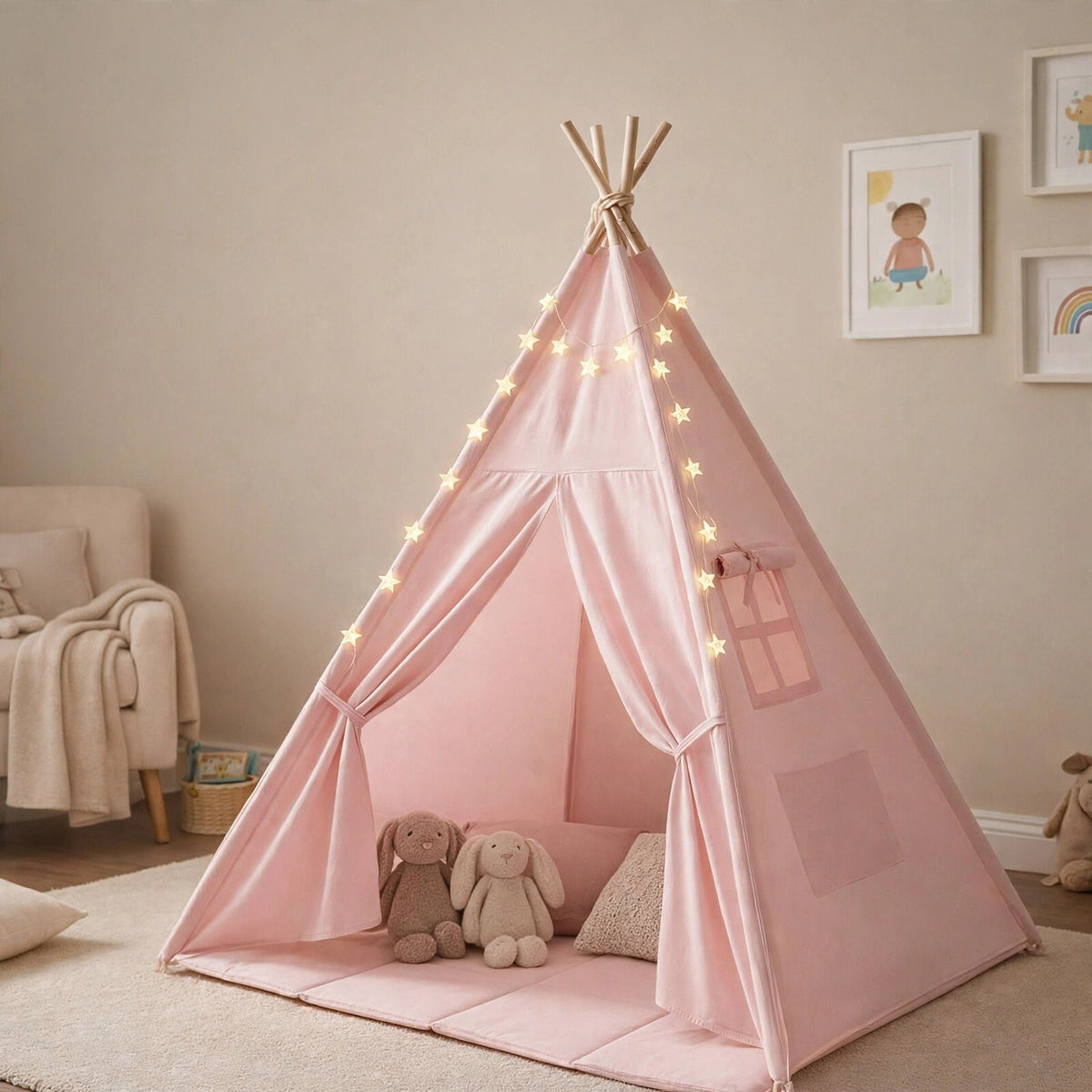 Tipi enfant avec tapis et guirlandes