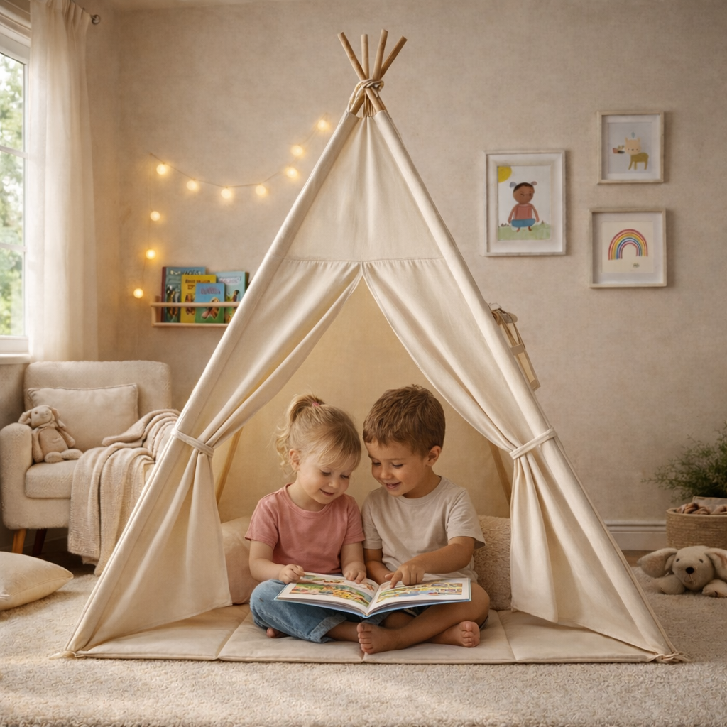 Tipi enfant avec tapis et guirlandes - Nouvelle version